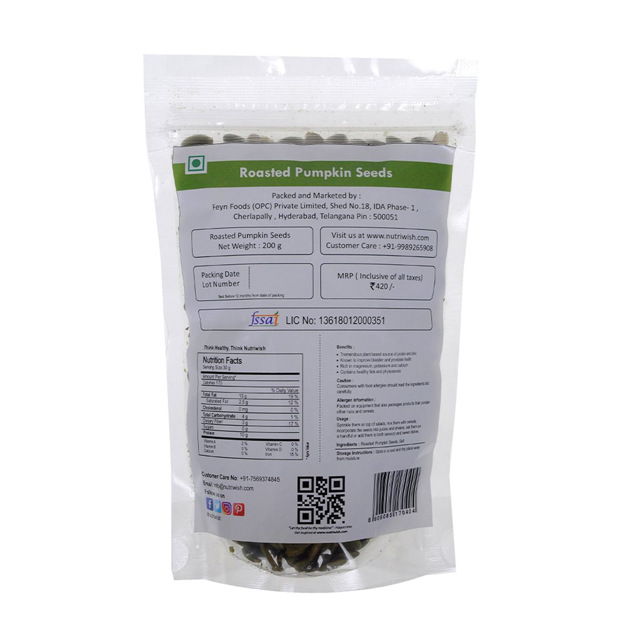 NUTRIWISH Pumpkin Seeds - Roasted & Salted, 200 gm