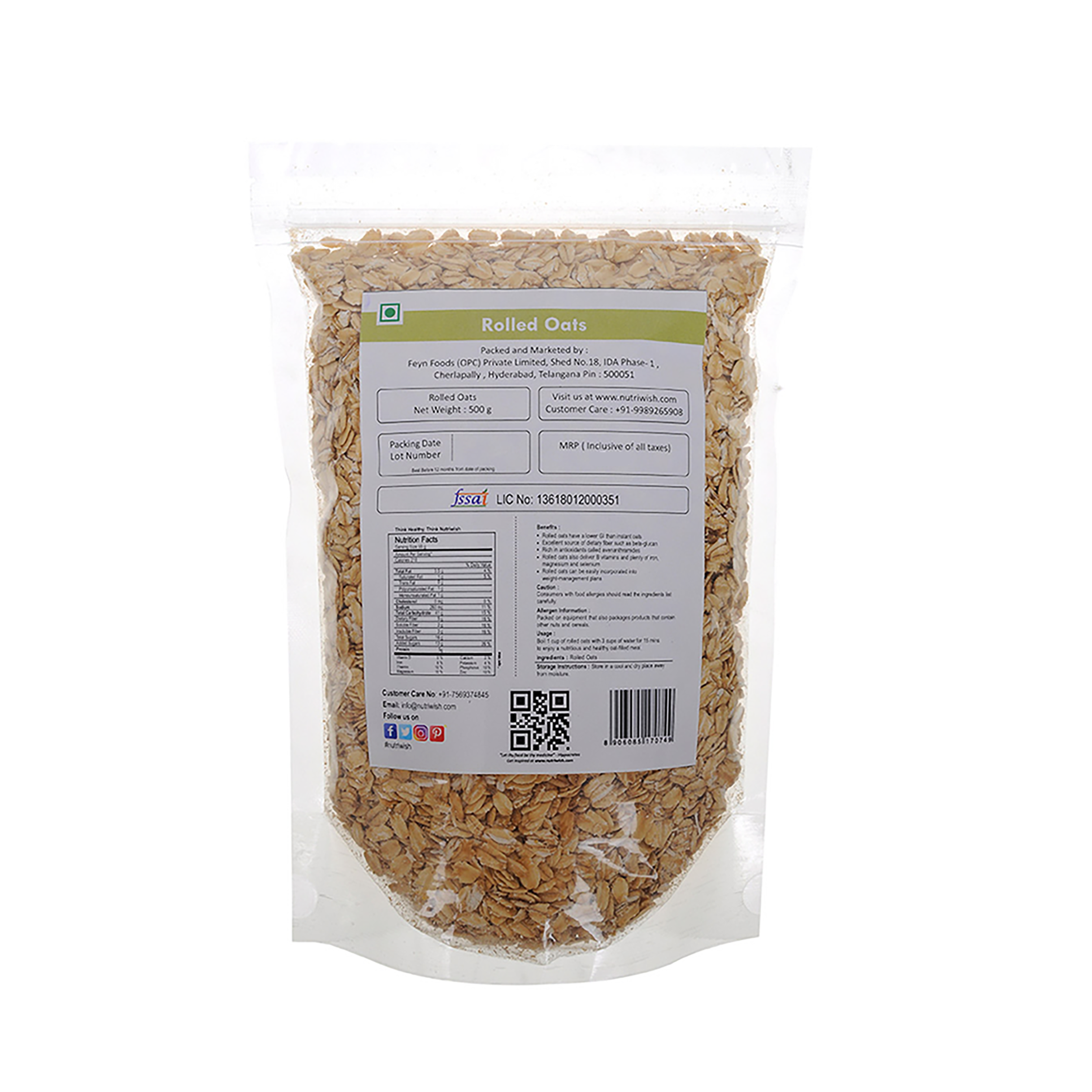 Nutriwish Premium Gluten-Free Rolled Oats,, 500gm