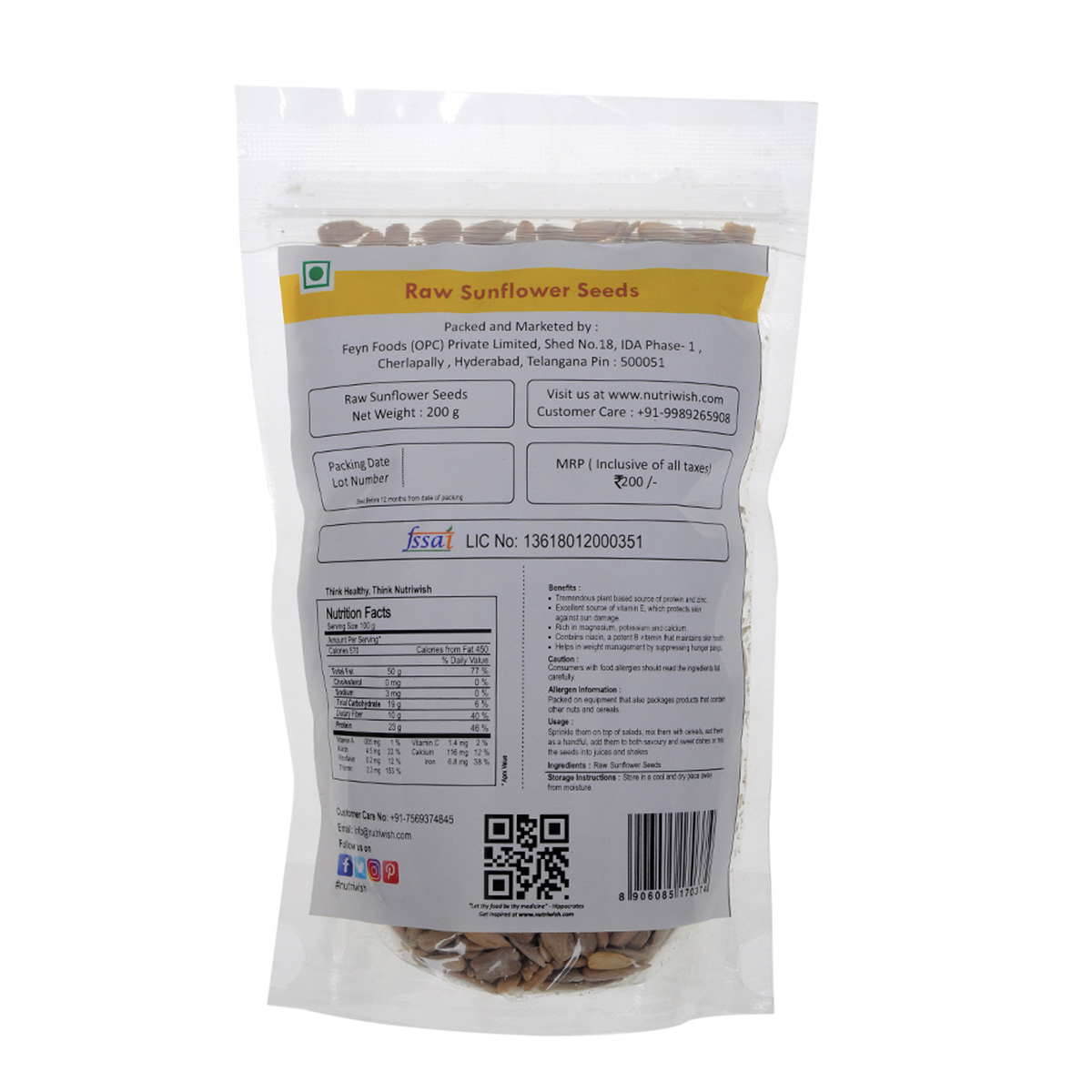 NUTRIWISH Sunflower Seeds - Premium Raw, 200 gm