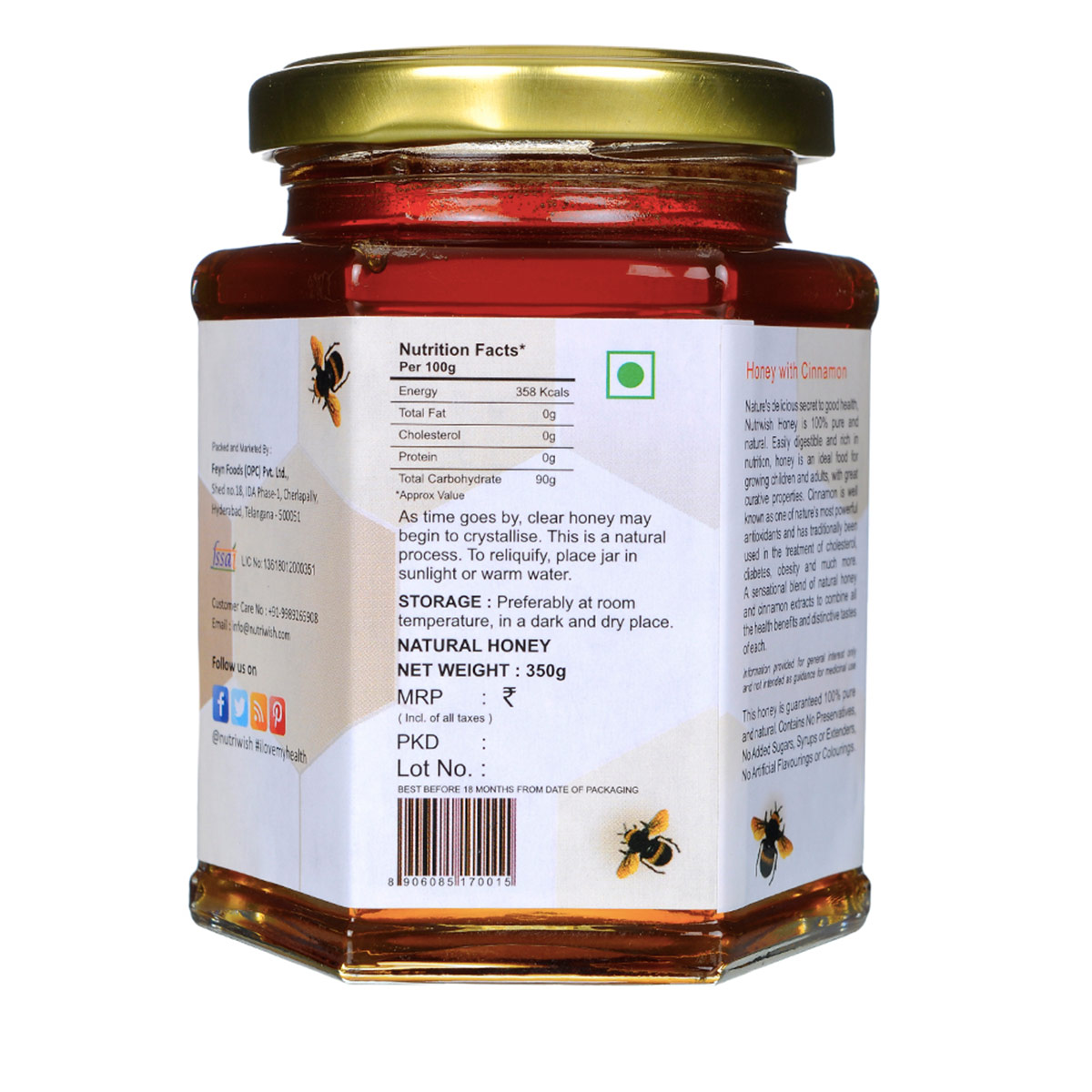 NUTRIWISH 100 % Pure Organic Honey - Infused With Cinnamon, 350 gm