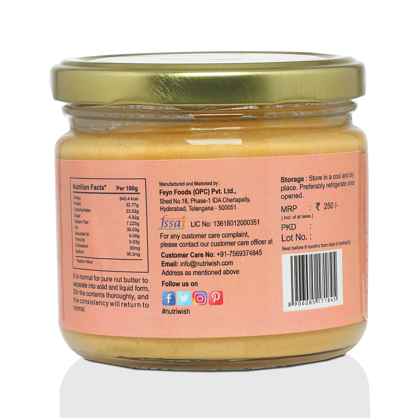 Nutriwish Peanut Butter with whey protein, 250g