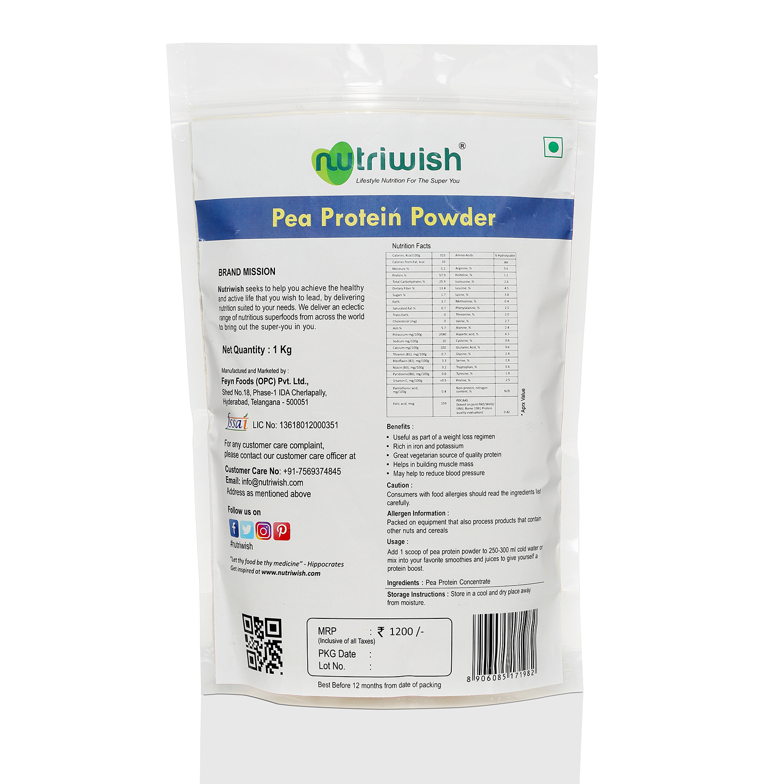 Nutriwish Pea Protein Powder, 1 Kg