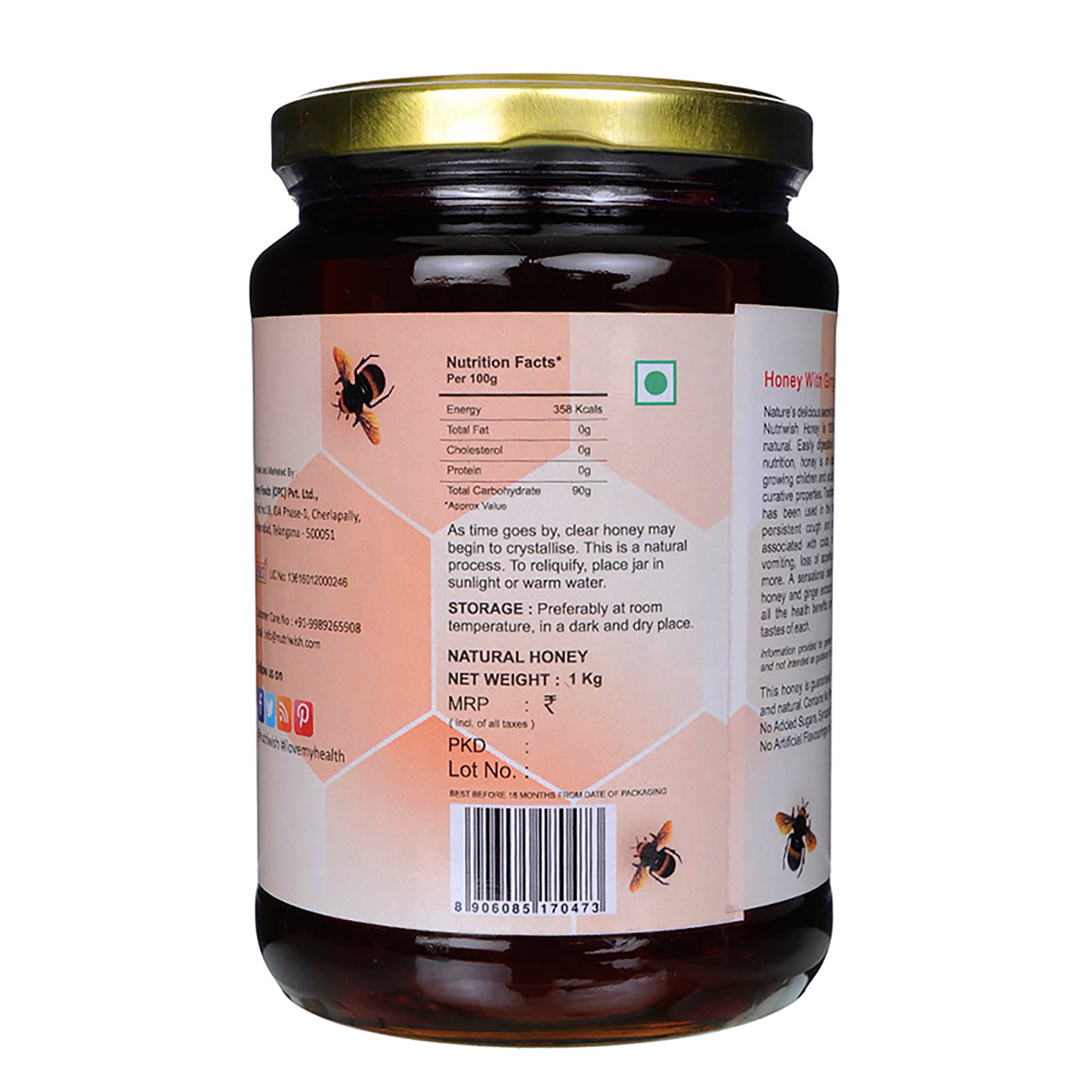 NUTRIWISH 100 % Pure Organic Honey - Infused With Ginger, 350 gm