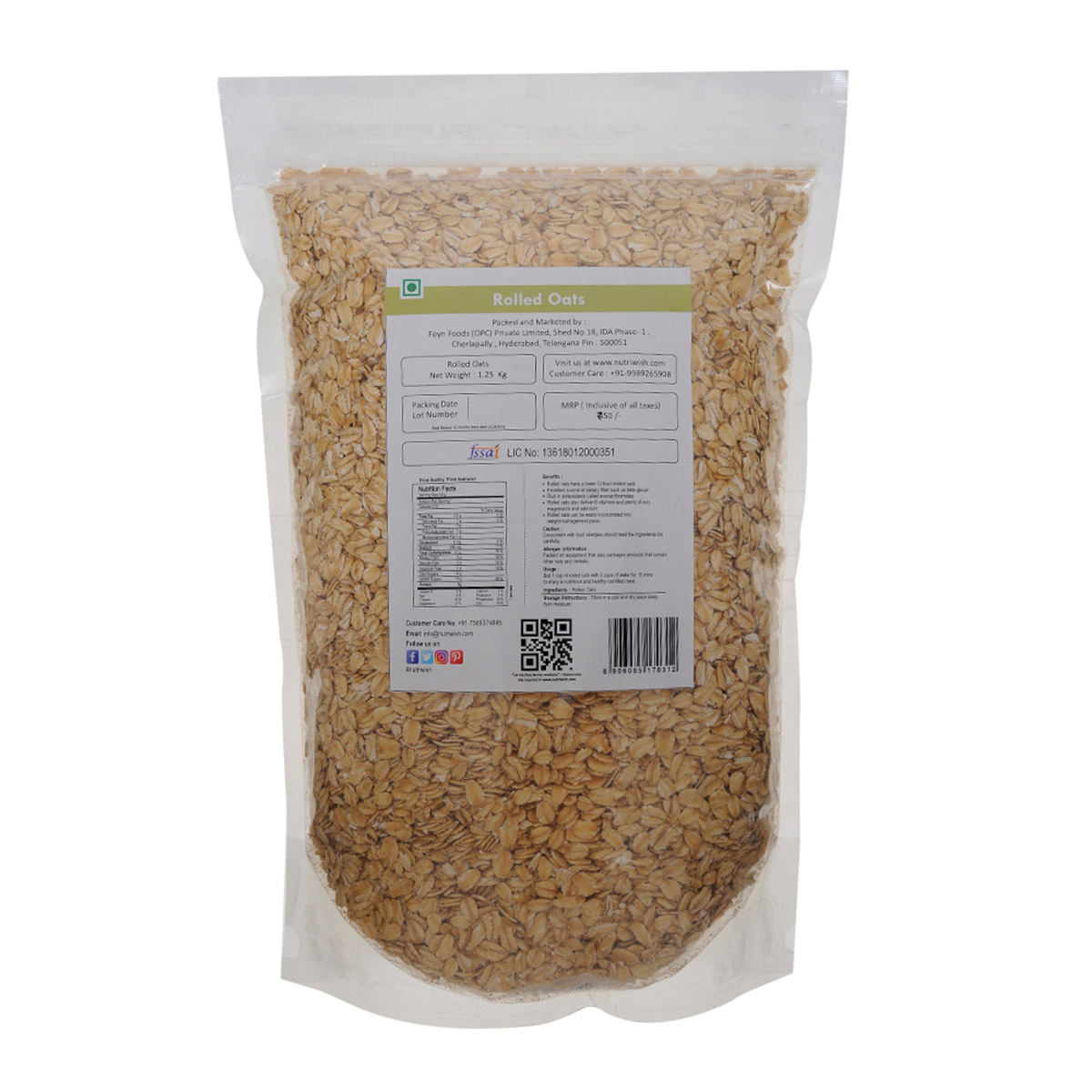 NUTRIWISH Rolled Oats - Premium Gluten-Free, 1.25 kg